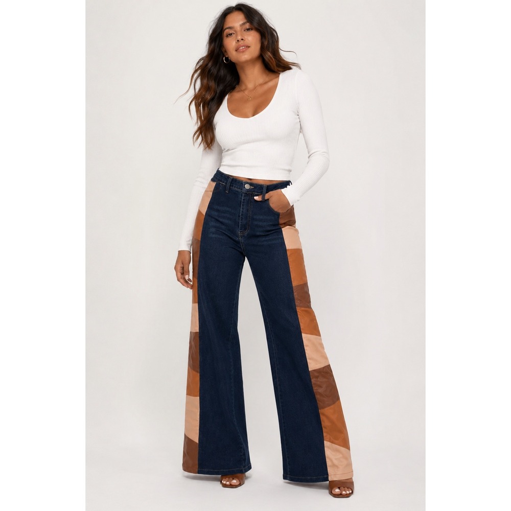 LILI Women Dark Wash Denim Faux Leather Patchwork Wide Leg Flare Jeans Small